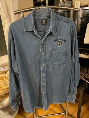 Jack Daniels Men’s Denim Button-Down Shirt in Blue with Chest Logo